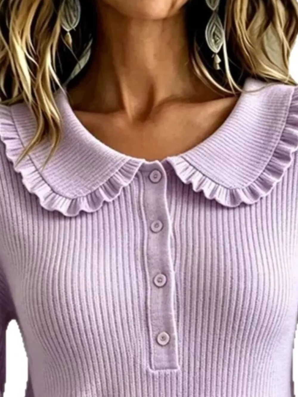 Full Size Ruffle Collar Button Detail Sweater Plus Size, image 14