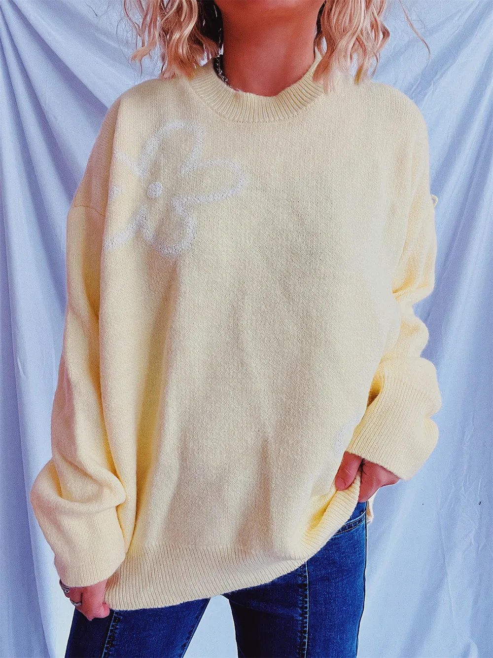 Flower Round Neck Long Sleeve Sweater, image 6