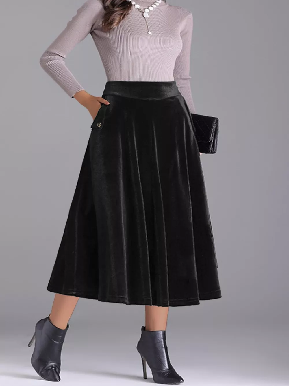 Plus Size Elegant Velvet A-Line Midi Skirt