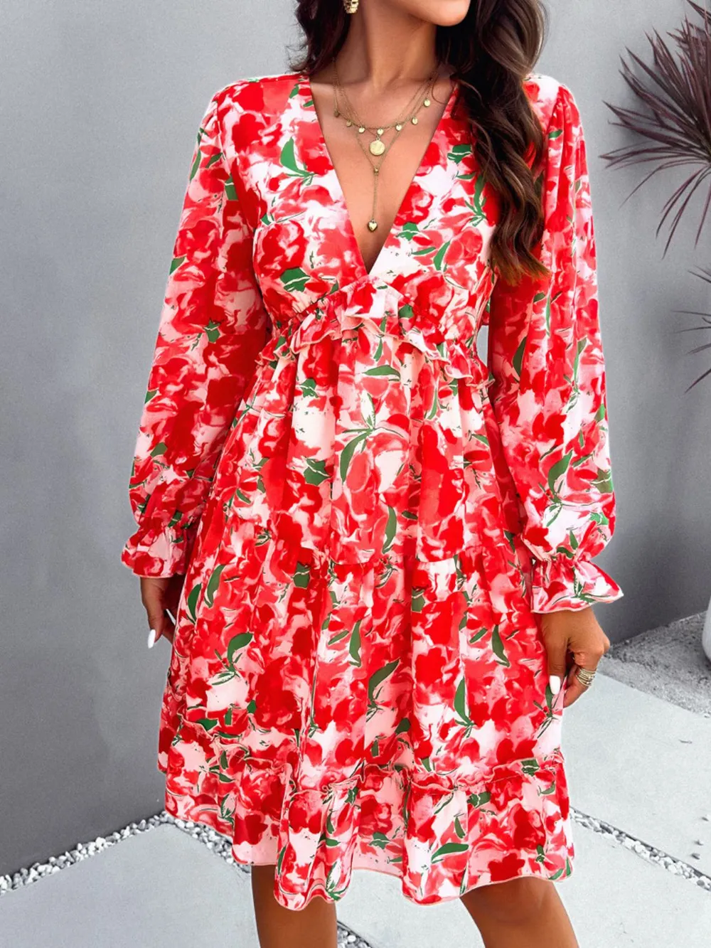 Backless Printed V-Neck Flounce Sleeve Dress, image 8