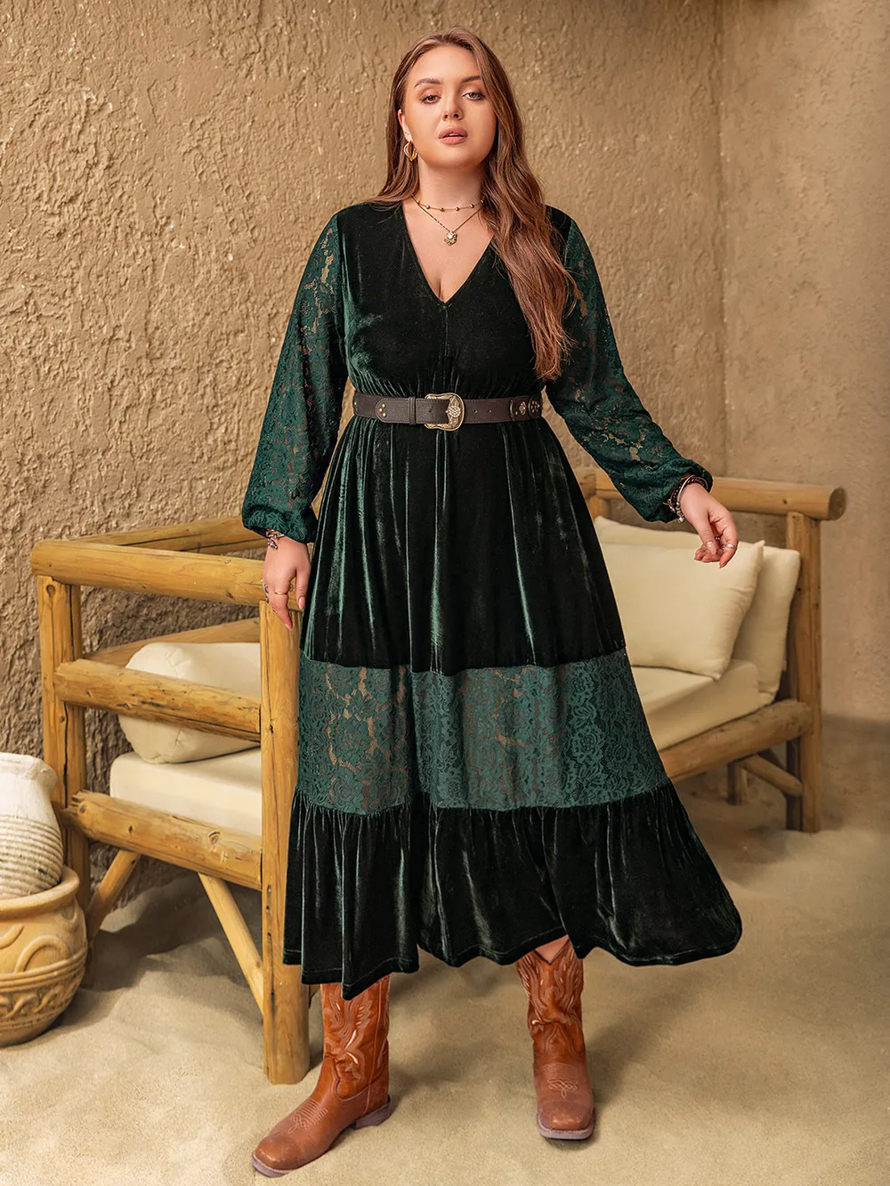 Plus Size Lace Patchwork V-Neck Balloon Sleeve Midi Dress, image 7