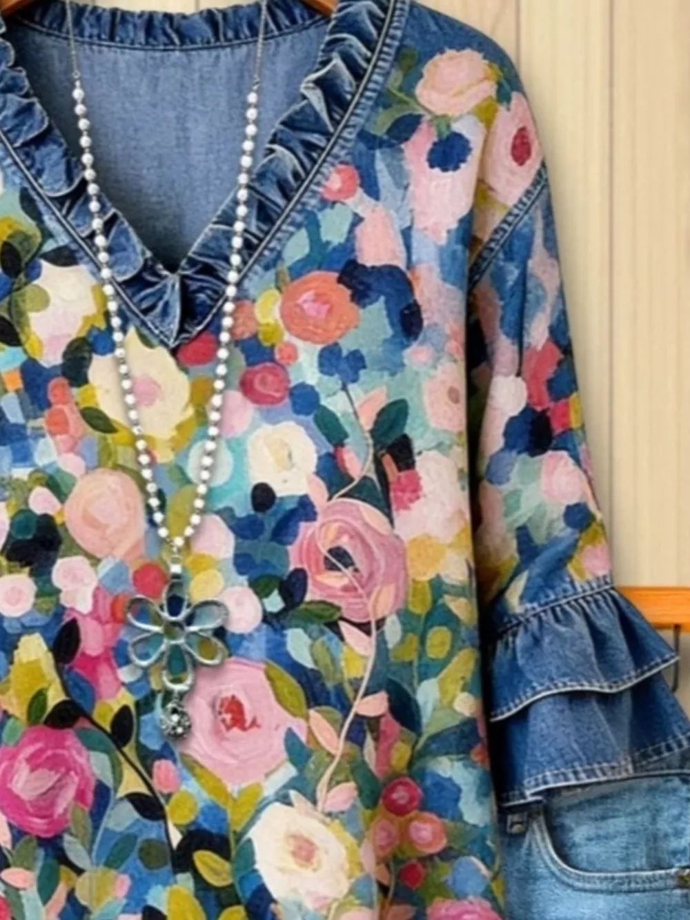 Full Size Floral Print Ruffle Trim Denim Top Plus Size, image 2