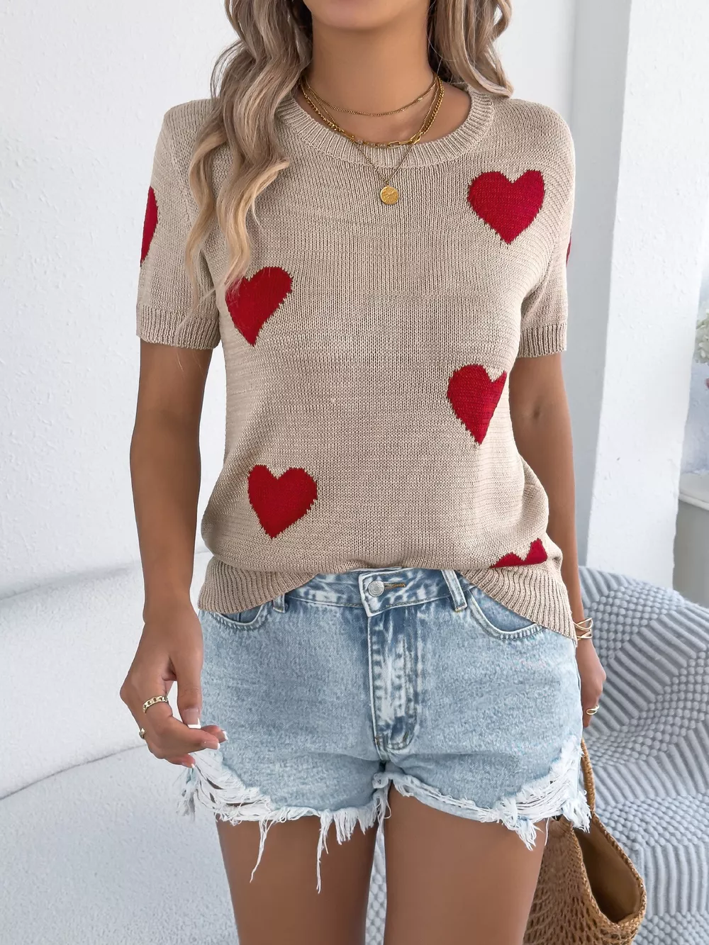 Heart Pattern Round Neck Short Sleeve Sweater, image 5