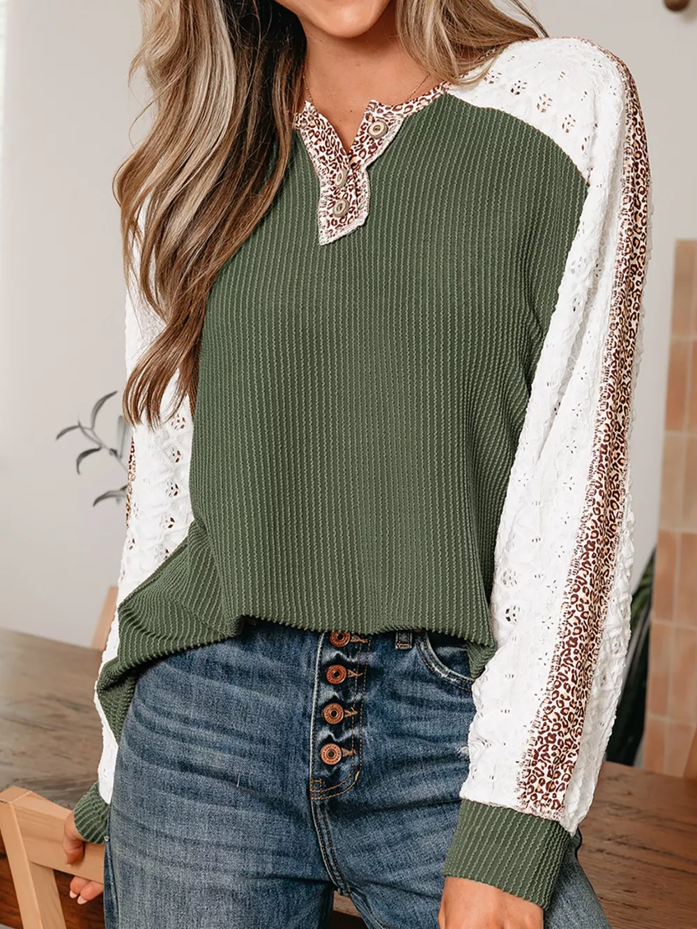 Leopard Trim Raglan Sleeve Top, image 12