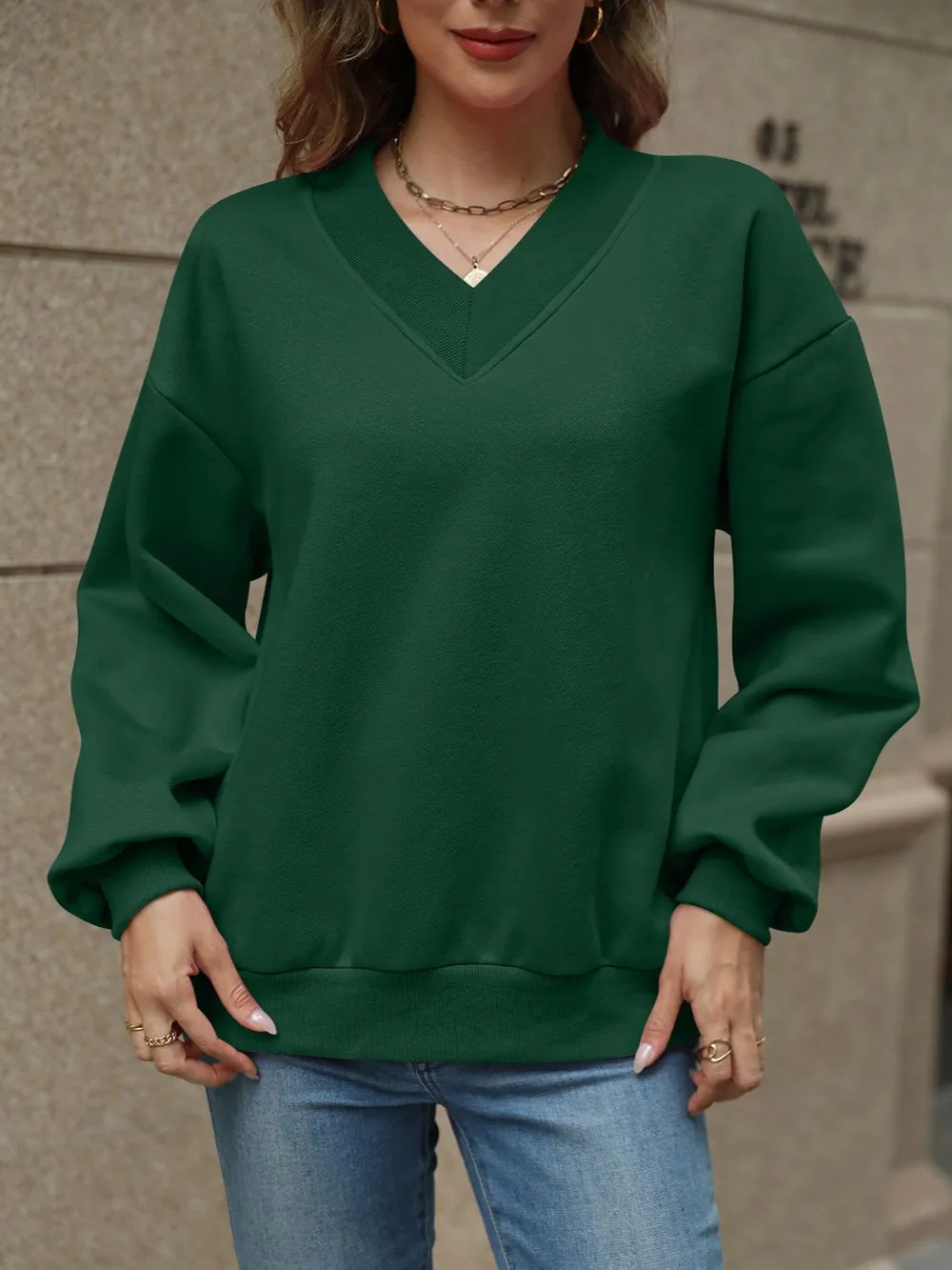 V-Neck Long Sleeve Dropped Shoulder Sweatshirt, image 32