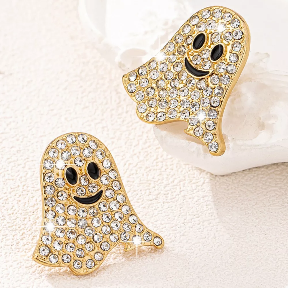 18K Gold-Plated Rhinestone Halloween Ghost Earrings, image 3