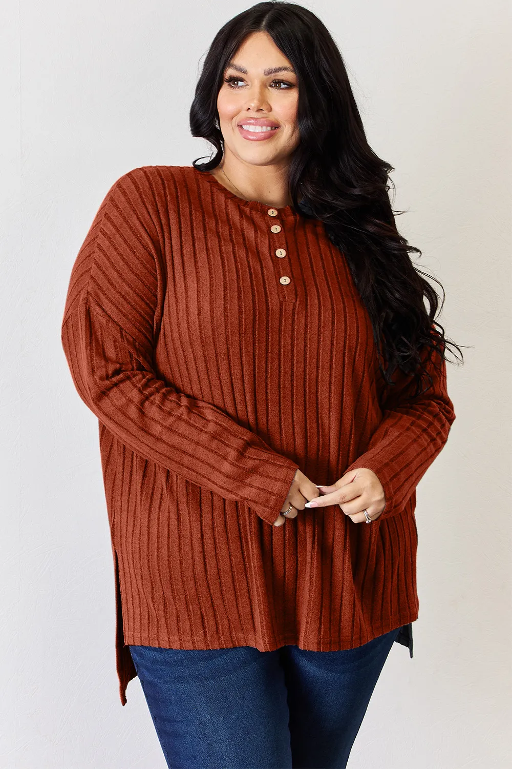 Full Size Ribbed Half Button Long Sleeve High-Low T-Shirt, image 22