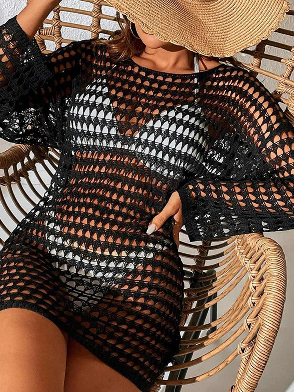 Openwork Boat Neck Long Sleeve Cover-Up, image 9