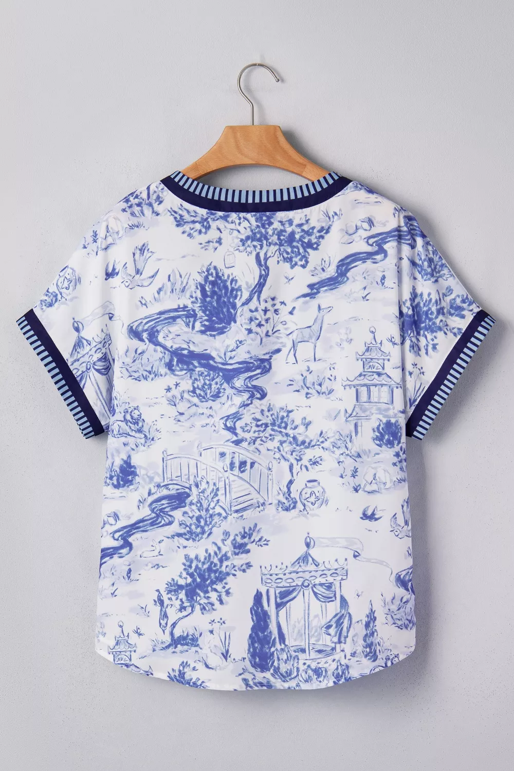 Printed Striped Trim V-Neck Blouse, image 4
