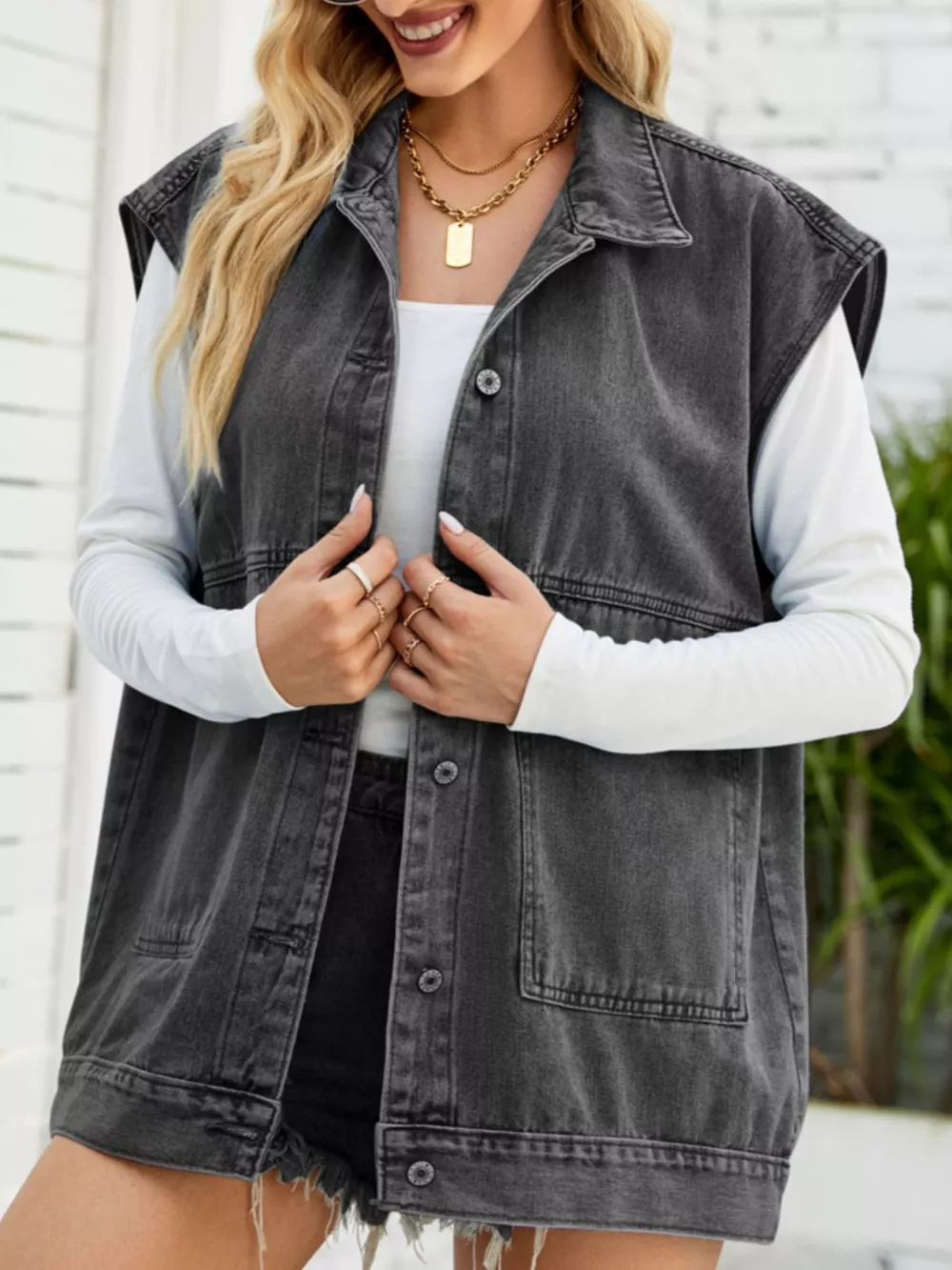 Sleeveless Button-Down Denim Jacket, image 7