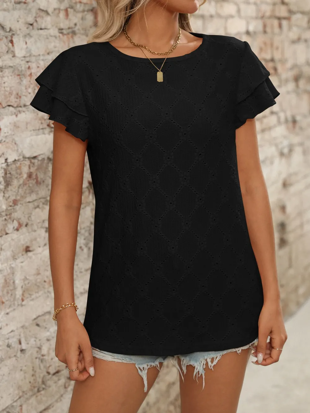 Eyelet Round Neck Double Layered Ruffled Short Sleeve Top, image 20