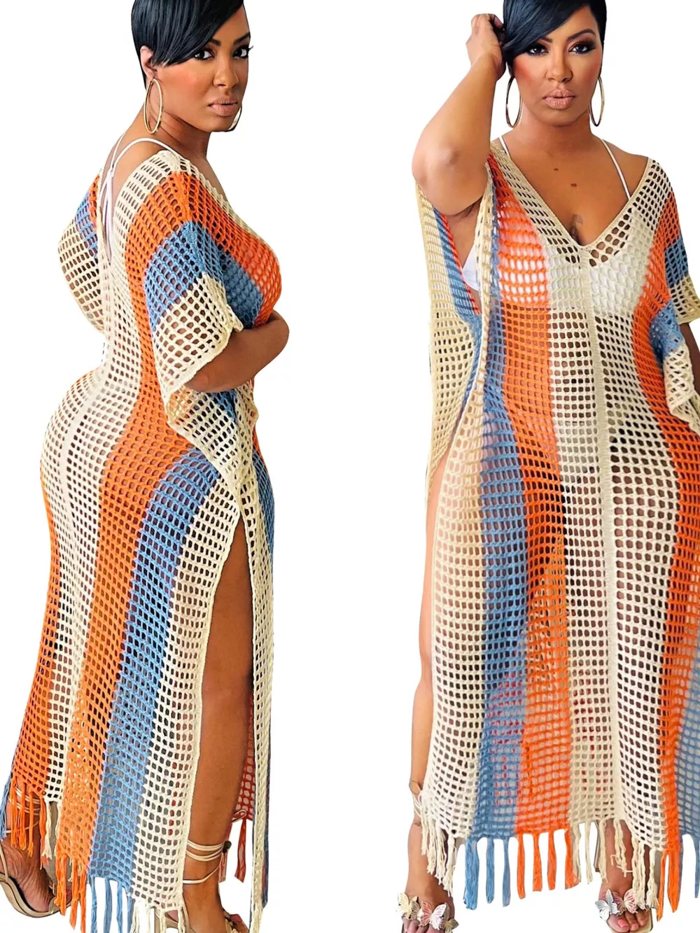 Striped Crochet Cover-Up Dress with Fringe, image 3
