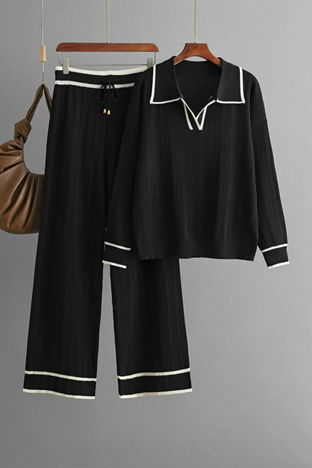 Contrast Trim Johnny Collar Top and Drawstring Pants Sweater Set, image 13