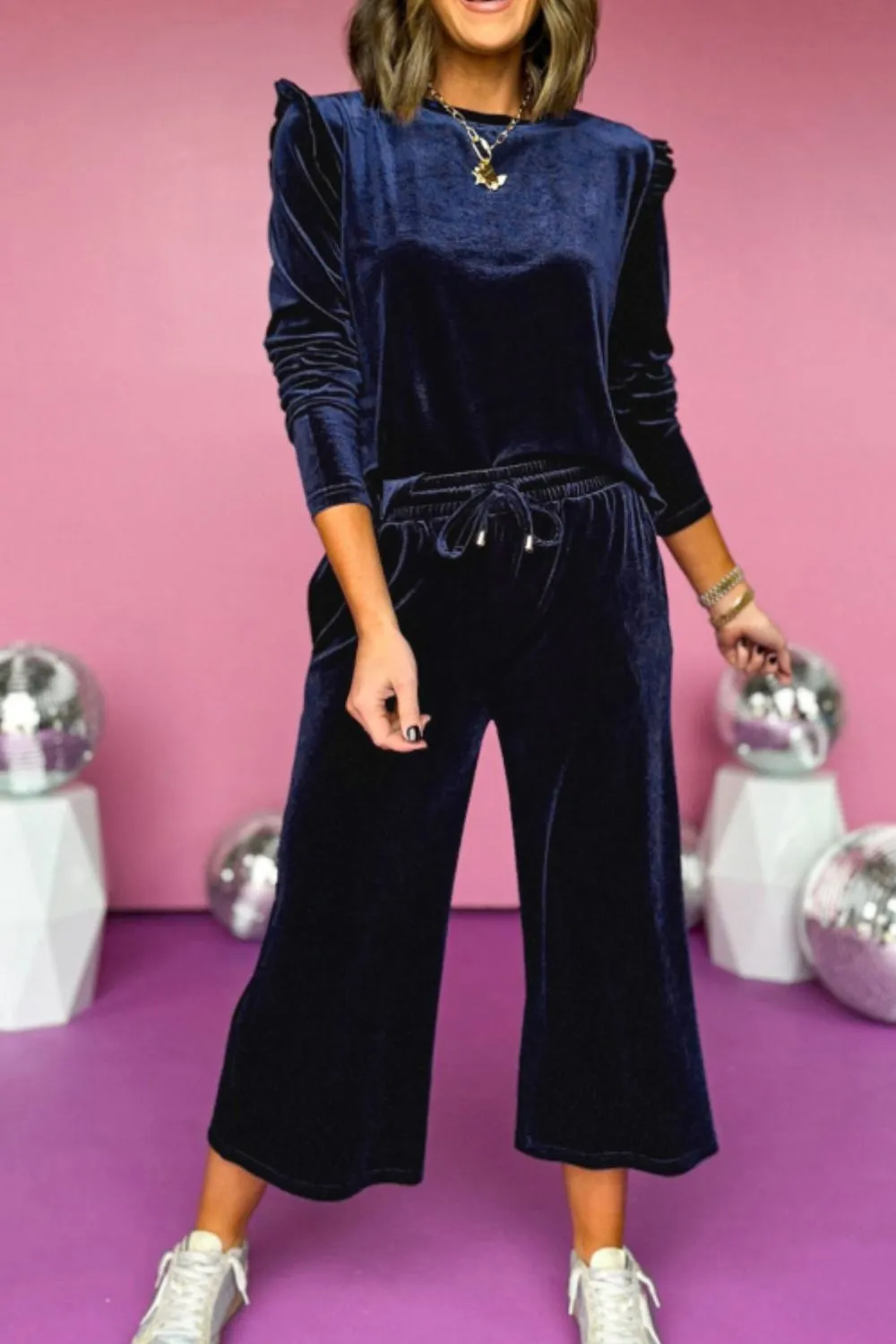 Frill Round Neck Long Sleeve Top and Pants Set, image 17