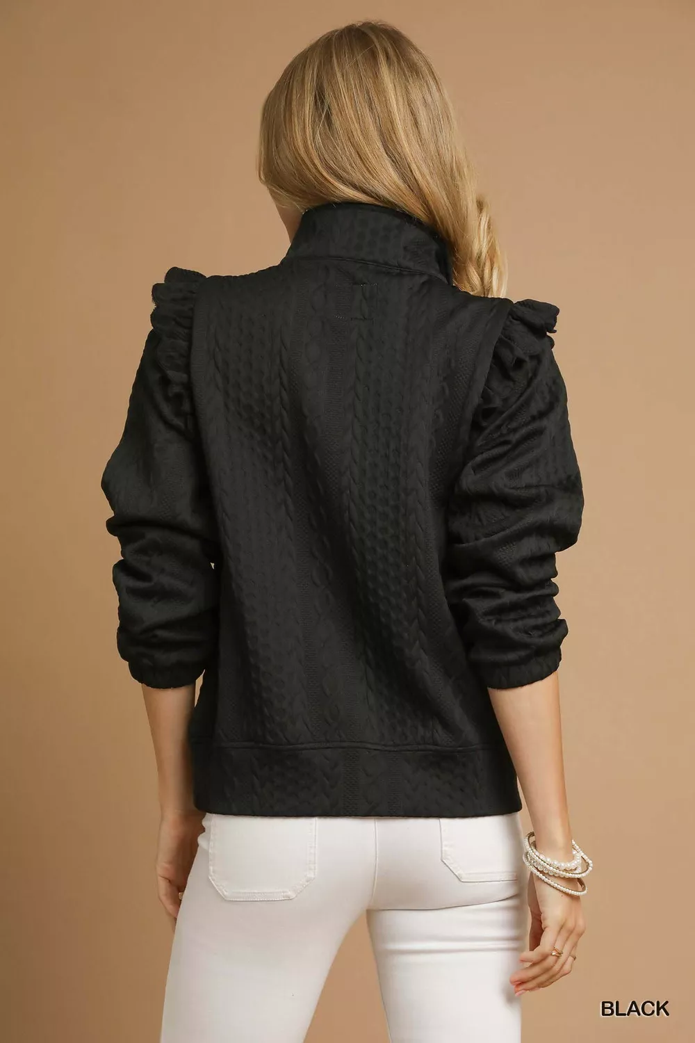Cable Knit Textured Pullover with Ruffle Shoulders, image 4