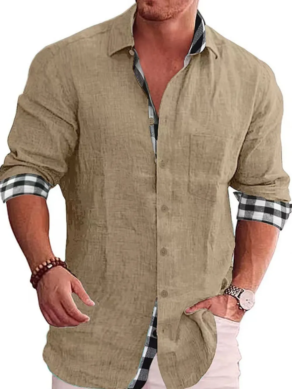 Men's Full Size Casual Linen Plaid-Trim Button Down Shirt Plus Size, image 2