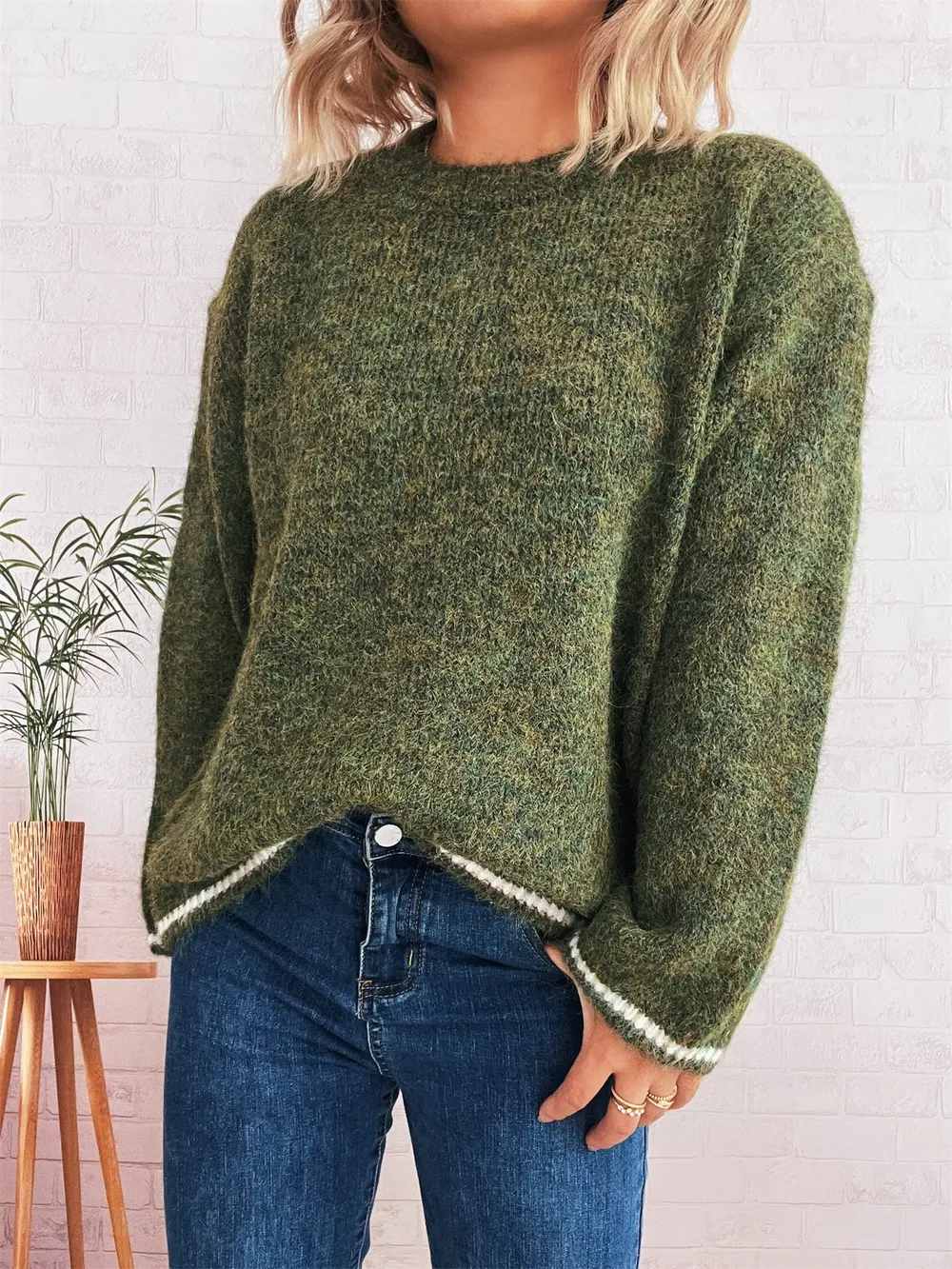 Contrast Trim Round Neck Cozy Sweater, image 9