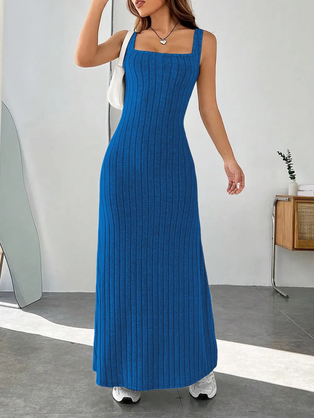 Ribbed Knit Square Neck Sleeveless Maxi Dress, image 4