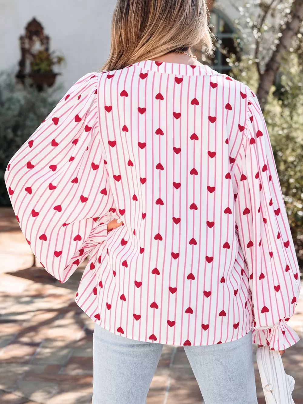 Stripe Textured Heart Print Long Flounce Sleeve Shirt, image 4