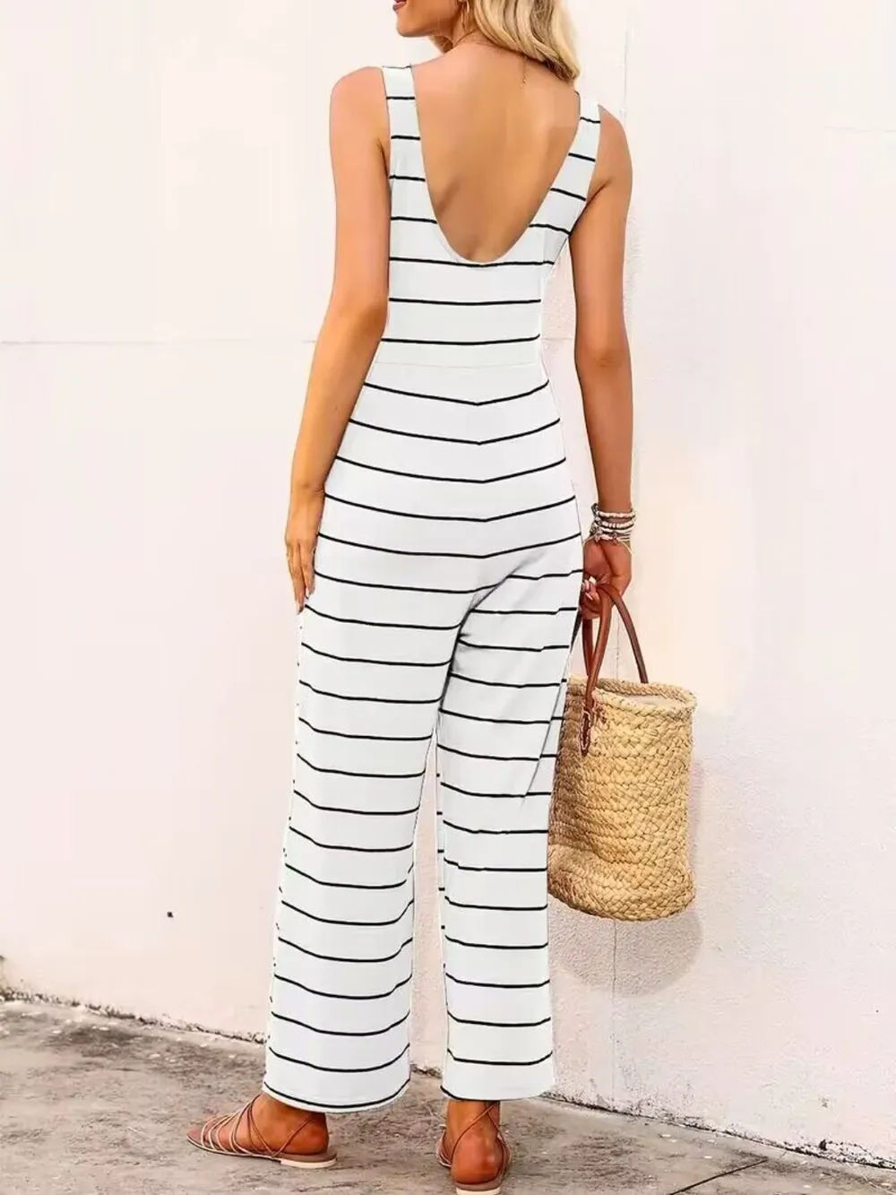 Striped Round Neck Wide Leg Jumpsuit, image 3