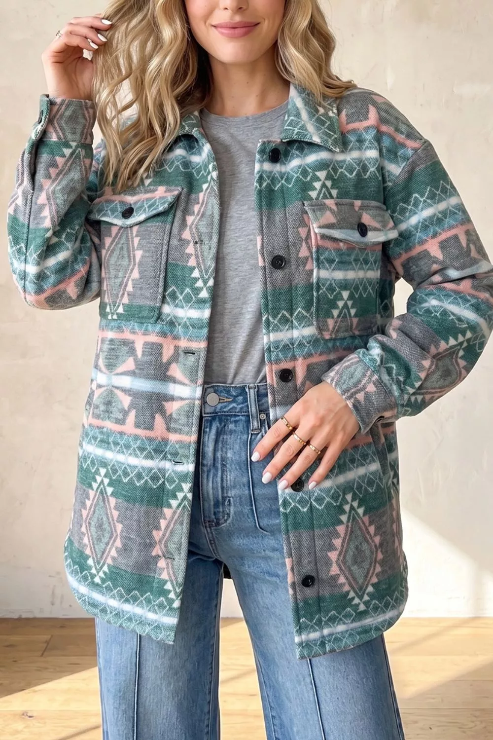 Geometric Print Button Front Long Sleeve Shacket, image 4