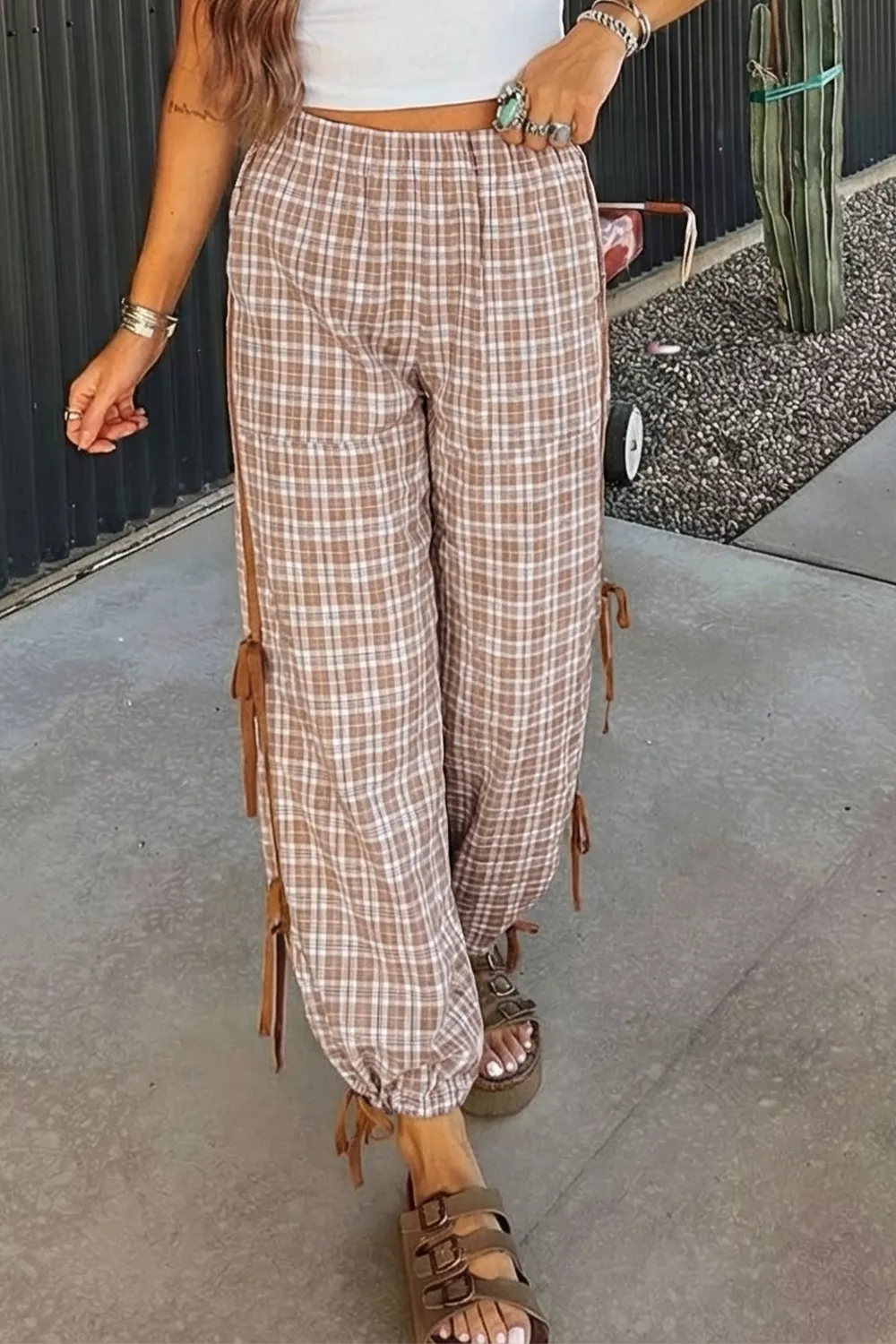 Plaid Print Tie Detail Casual Pants, image 2