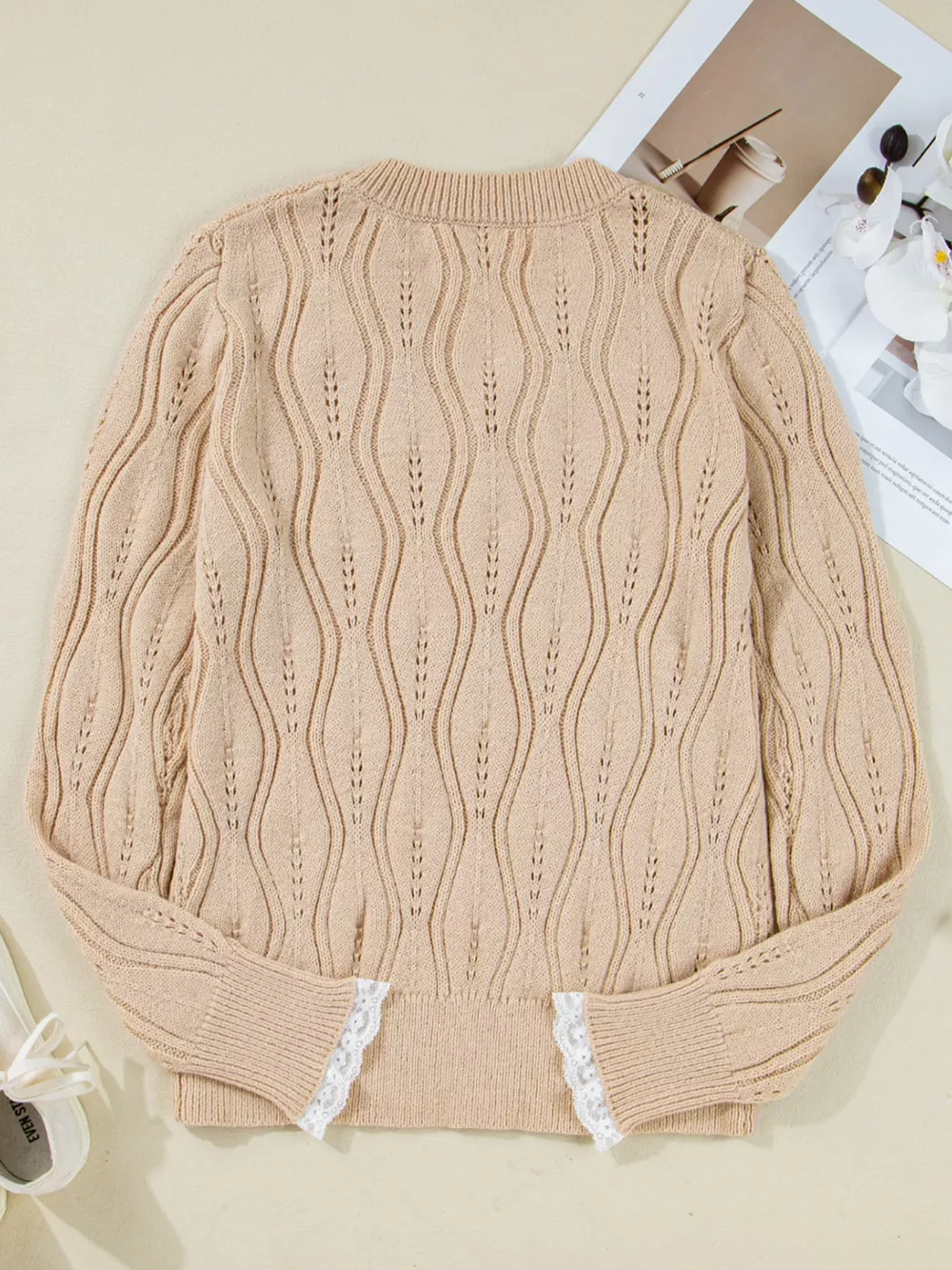 Elegant Pearl Embellished Sweater with Lace Detail, image 6