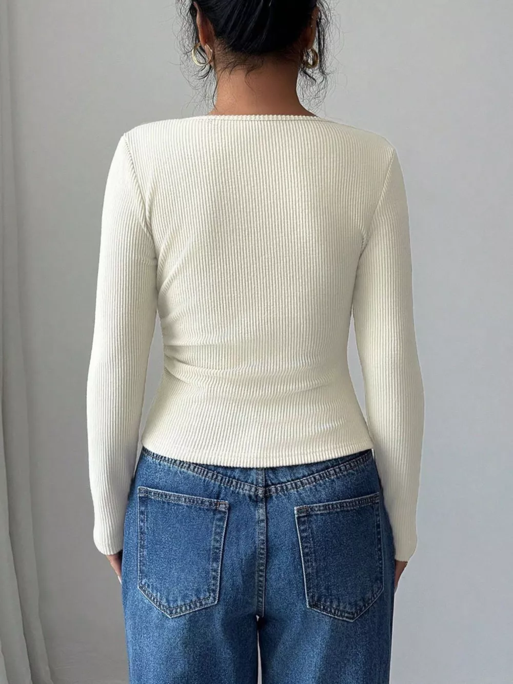 Ribbed Knit Asymmetrical Long Sleeve T-Shirt, image 3