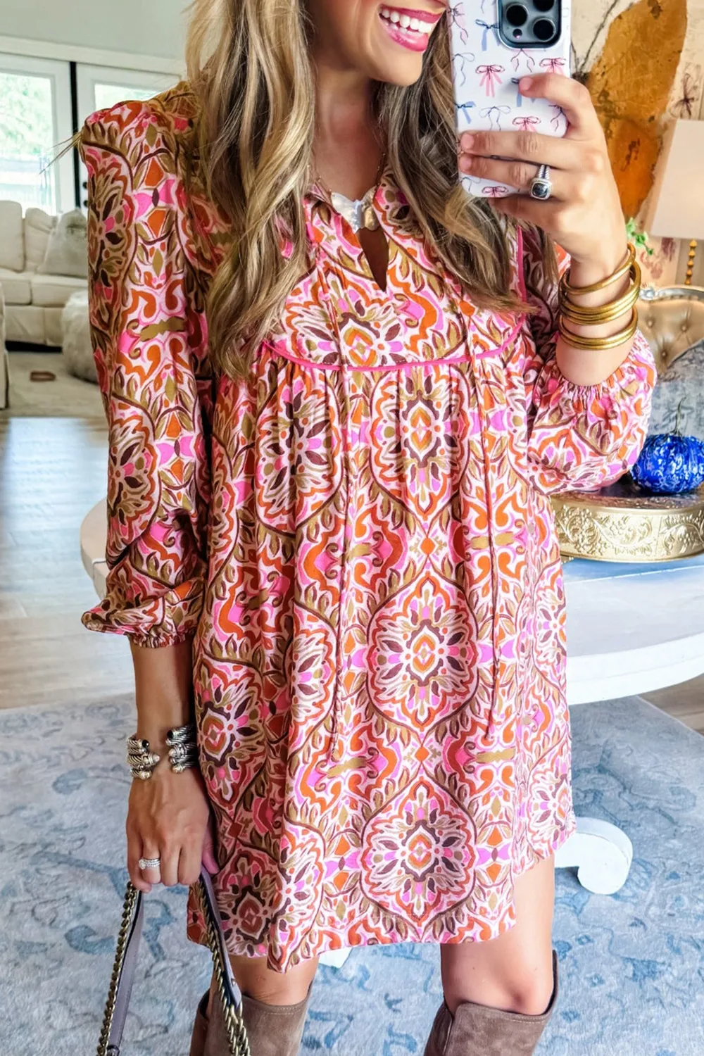 Printed Tie Neck Long Sleeve Mini Dress, image 8