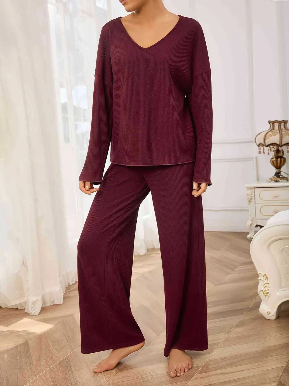 V-Neck Long Sleeve Top and Wide Leg Pants Set, image 4