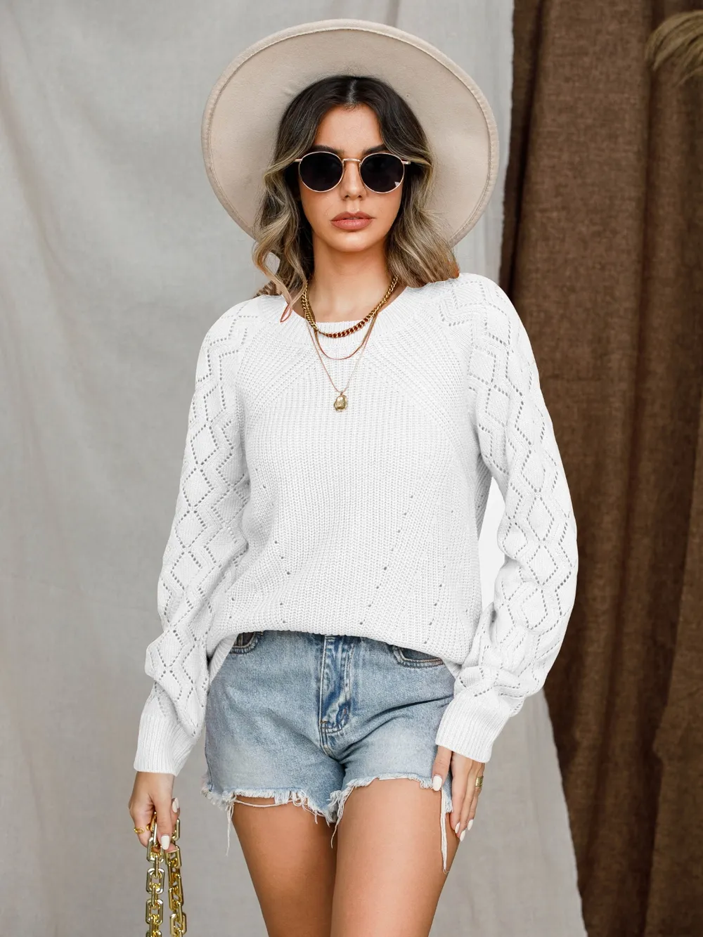 Openwork Round Neck Raglan Sleeve Sweater, image 25