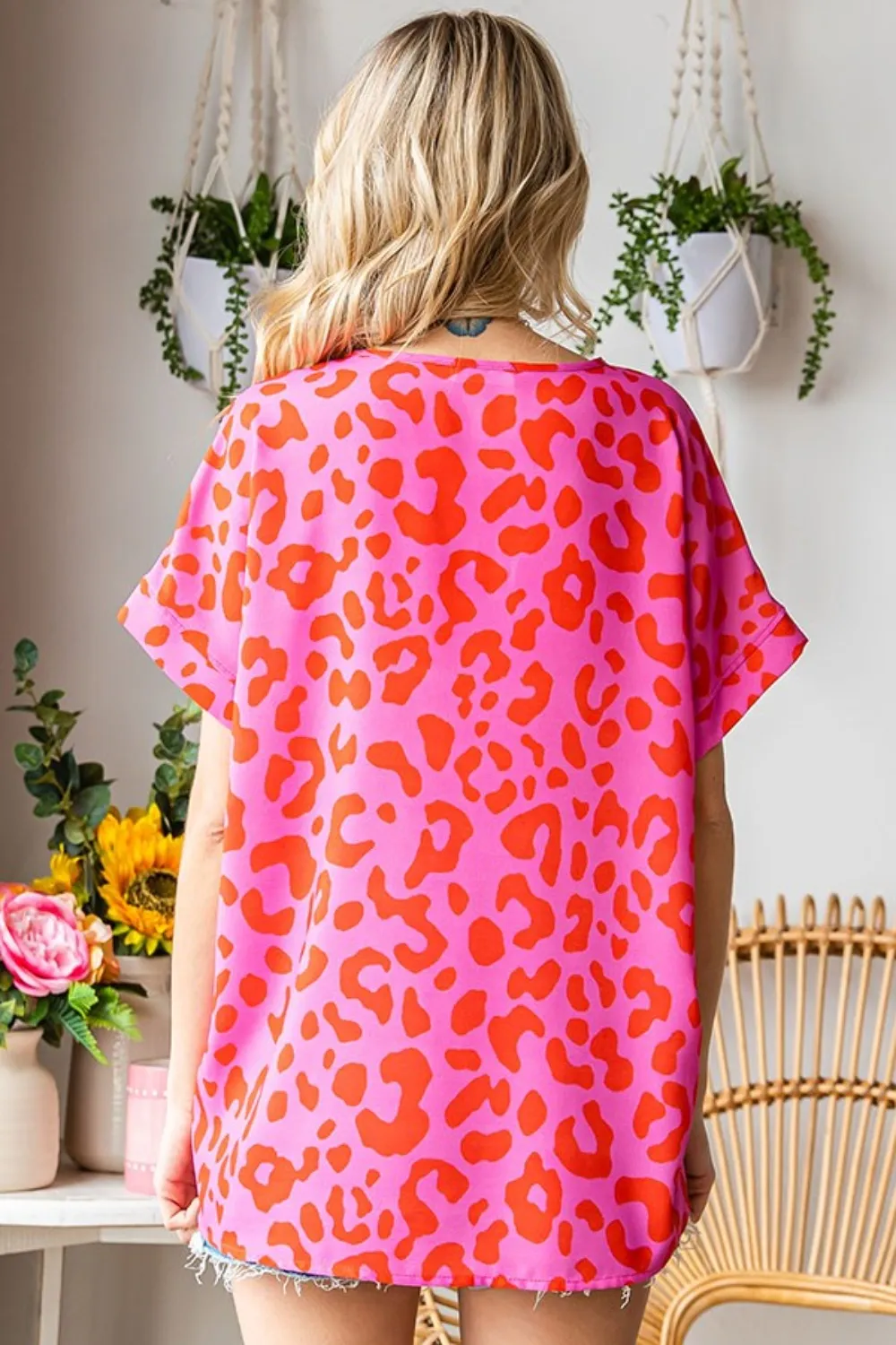Leopard V-Neck Short Sleeve Woven Top, image 2