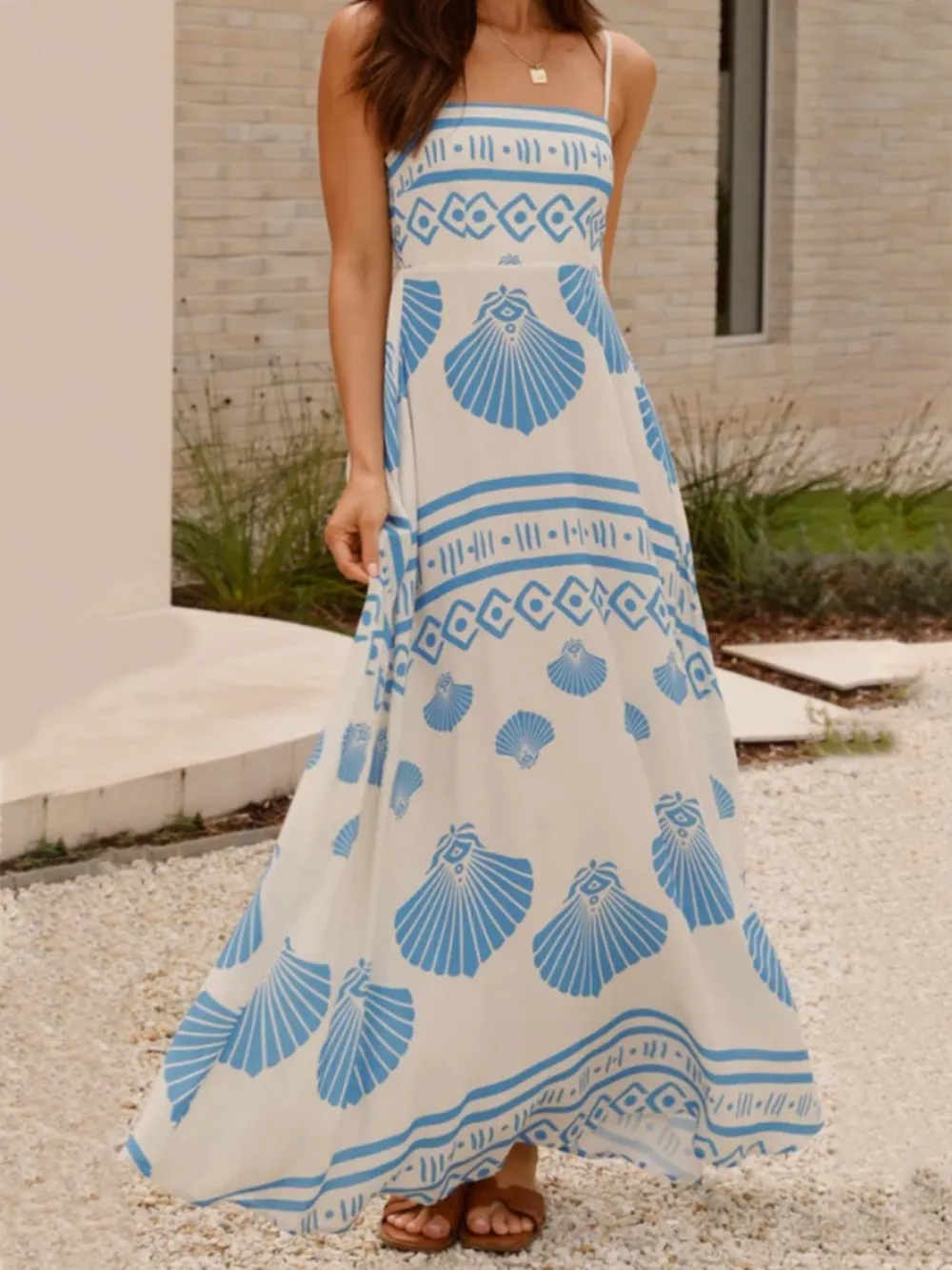 Seashell Print Spaghetti Strap Maxi Dress, image 6