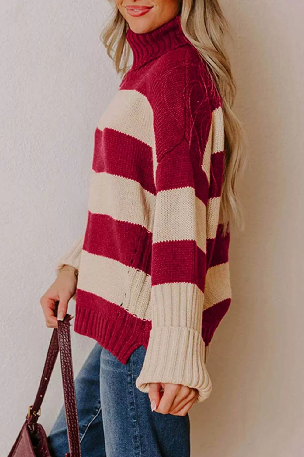 Stripe Ribbed Trim High Neck Relaxed Pullover Sweater, image 3