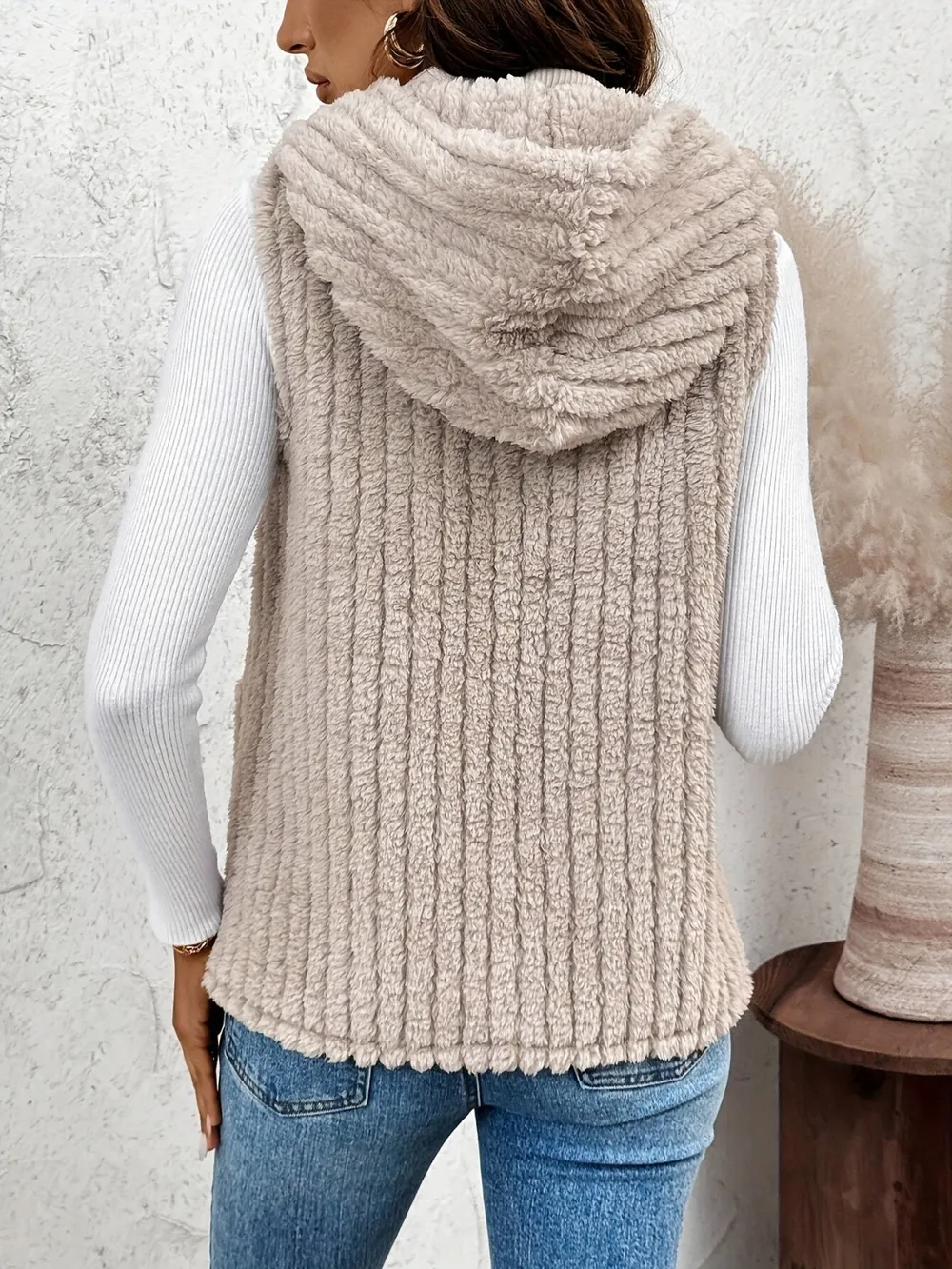 Fuzzy Hooded Vest with Pockets, image 4