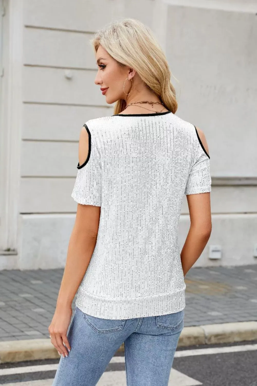 Sequin Crisscross V-Neck Cold Shoulder Blouse, image 9