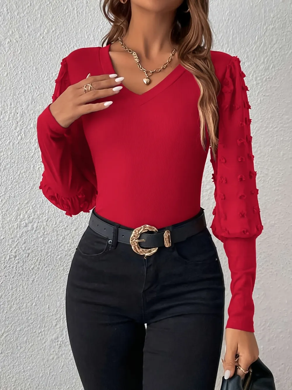 Swiss Dot V-Neck Long Sleeve Top, image 8