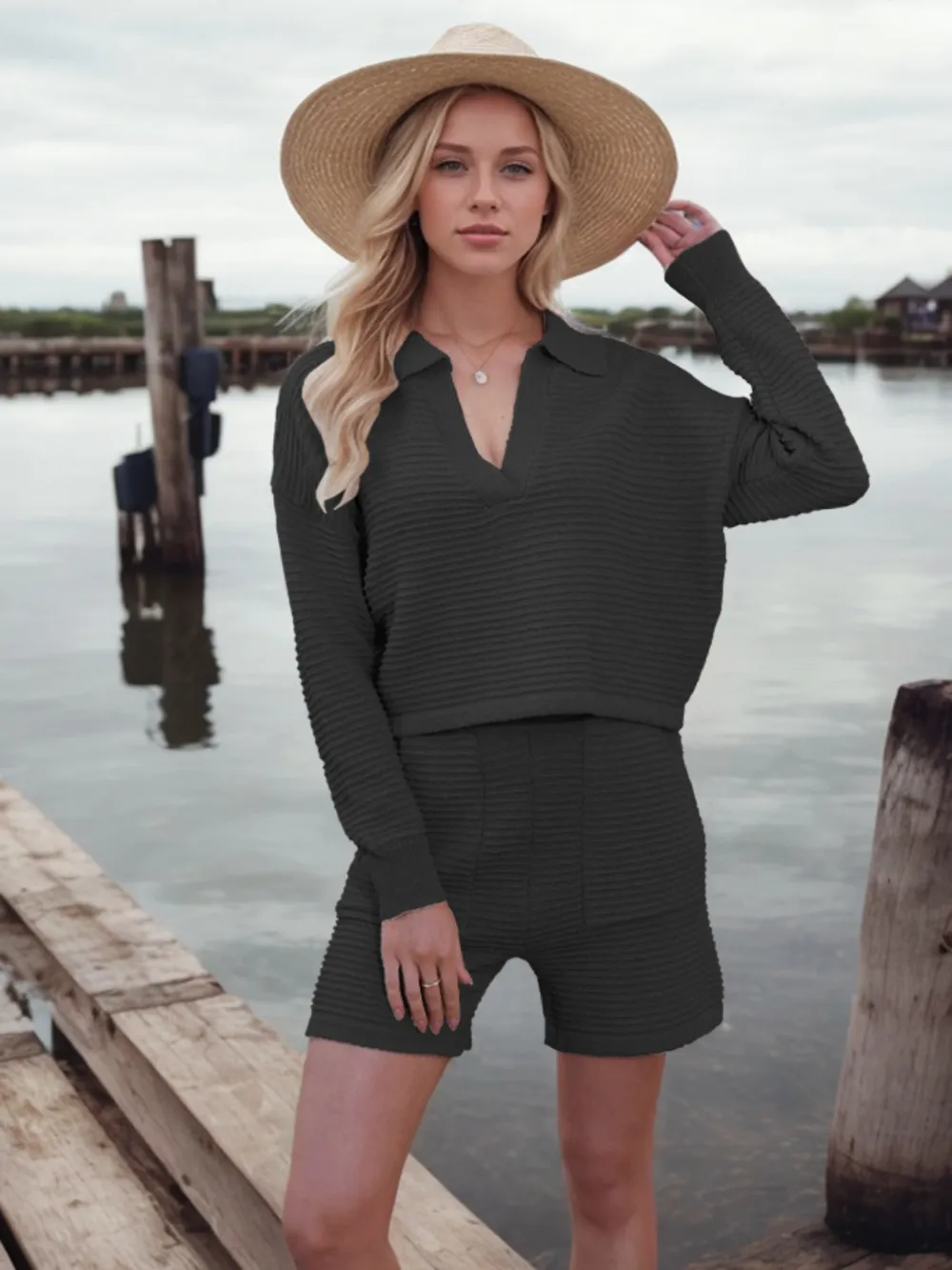 Johnny Collar Long Sleeve Top and Shorts Sweater Set, image 14