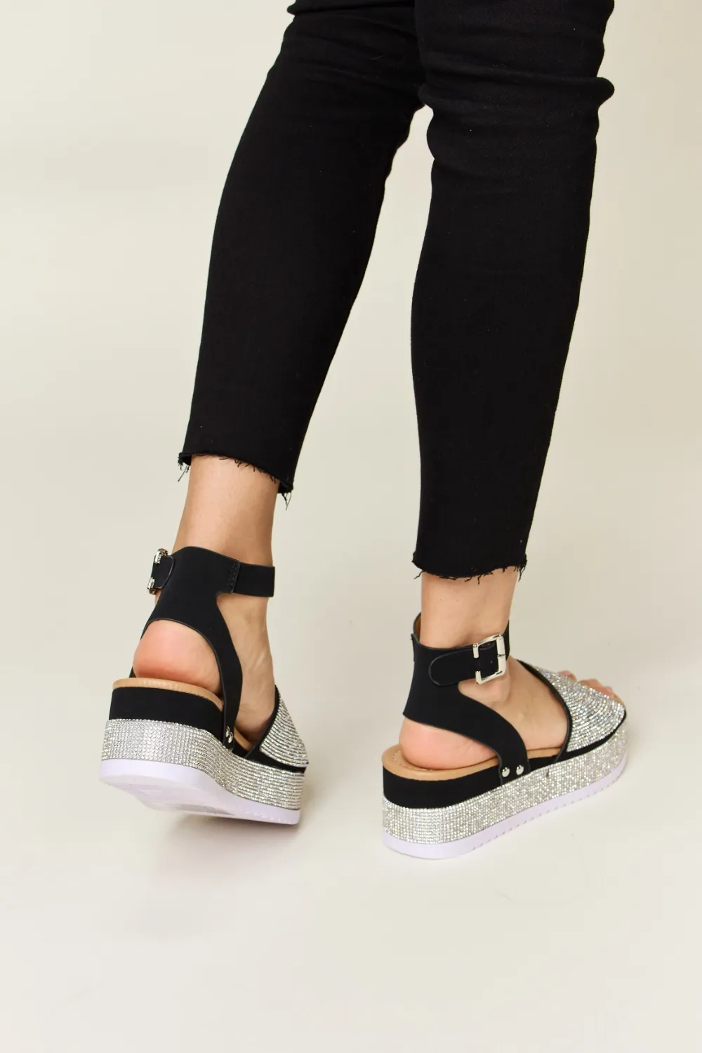 Rhinestone Buckle Strappy Wedge Sandals, image 3