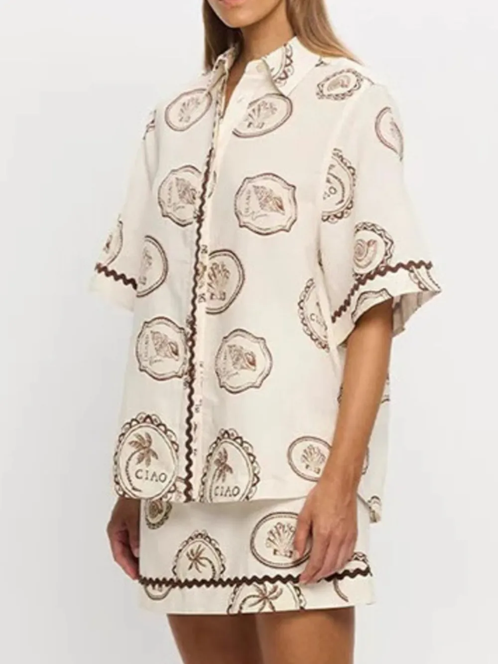 Printed Button Up Shirt and Skirt Set, image 5