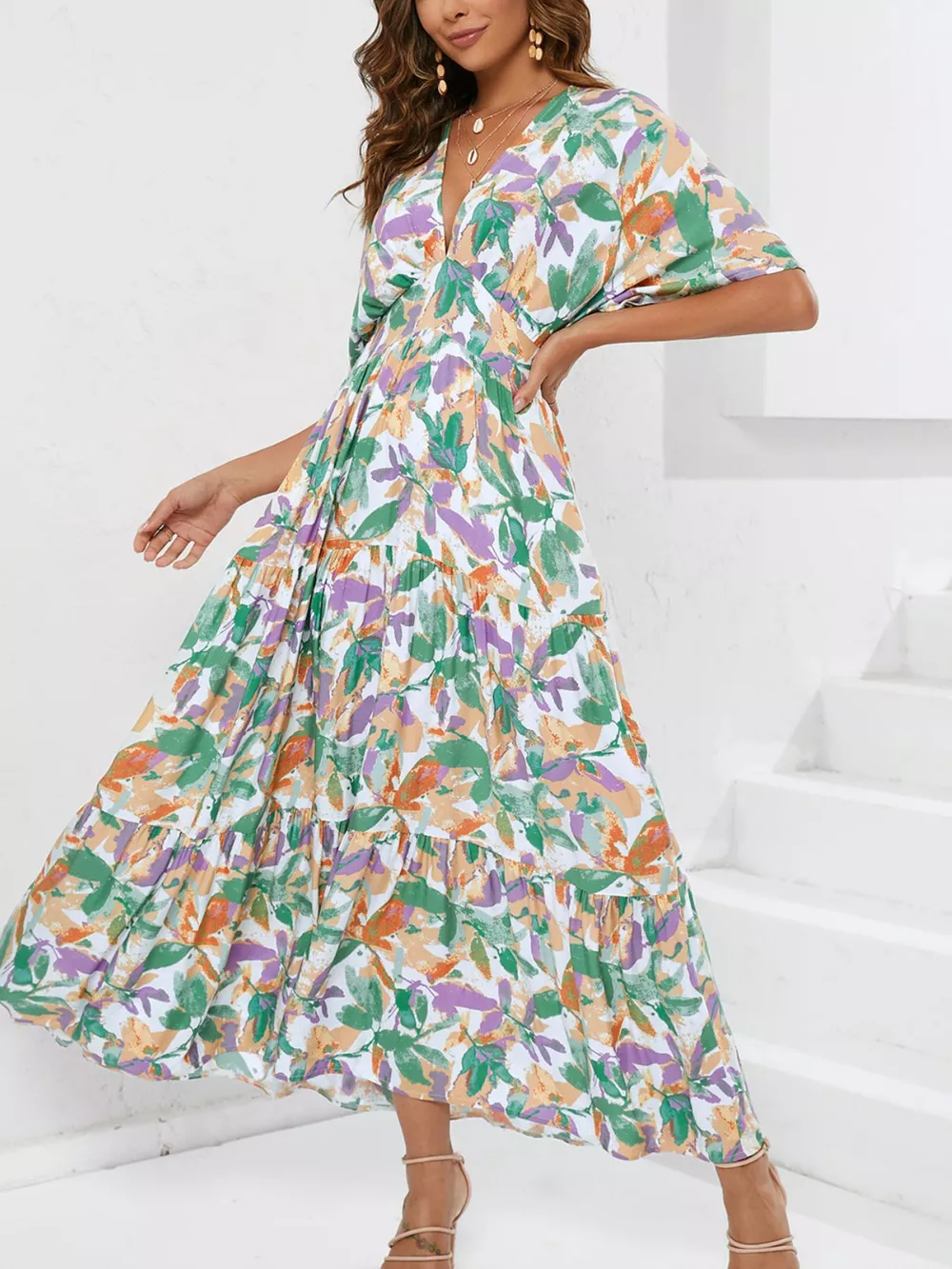 Printed V-Neck Ruffle Hem Flowy Midi Dress, image 5
