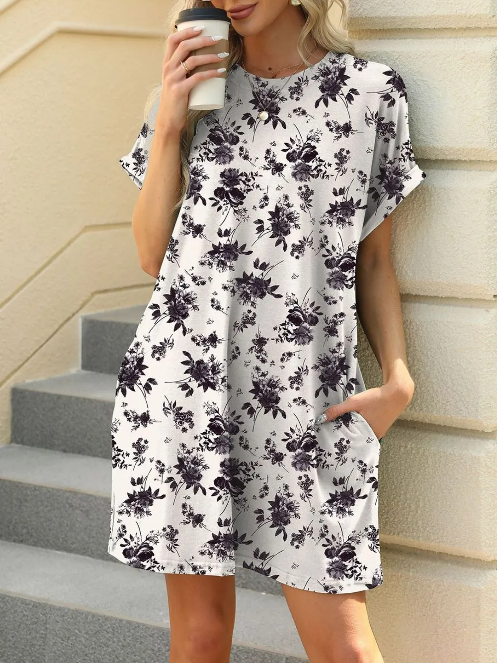 Printed Round Neck Short Sleeve Mini Dress, image 19