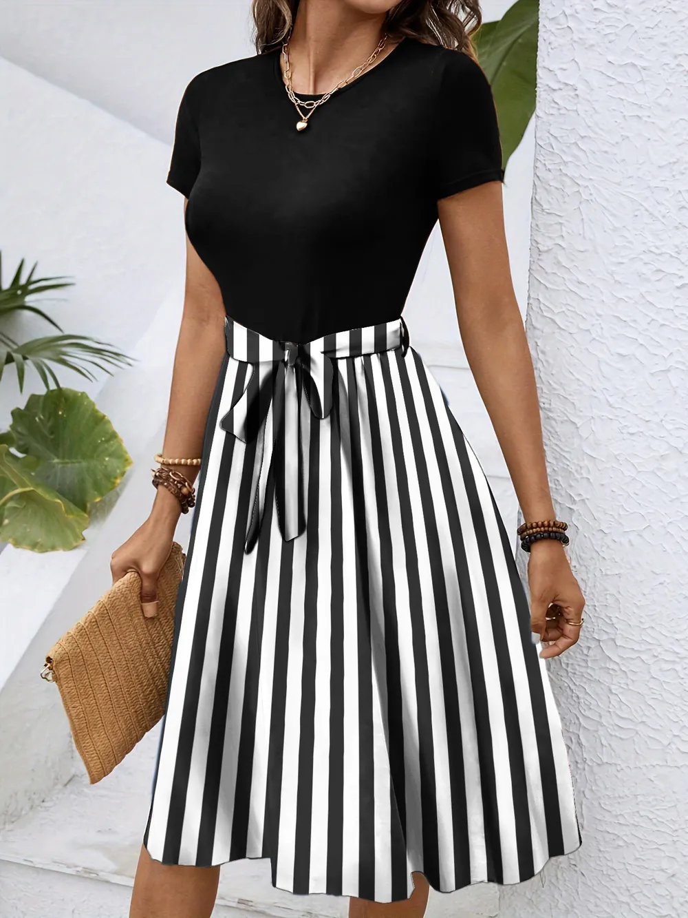 Striped Round Neck Short Sleeve Dress, image 13
