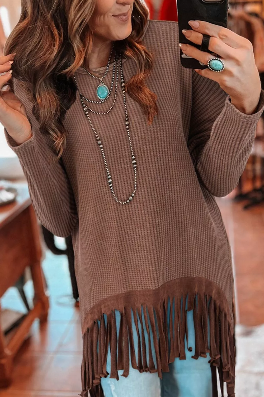 Waffle Knit Fringed High Low Loose Top