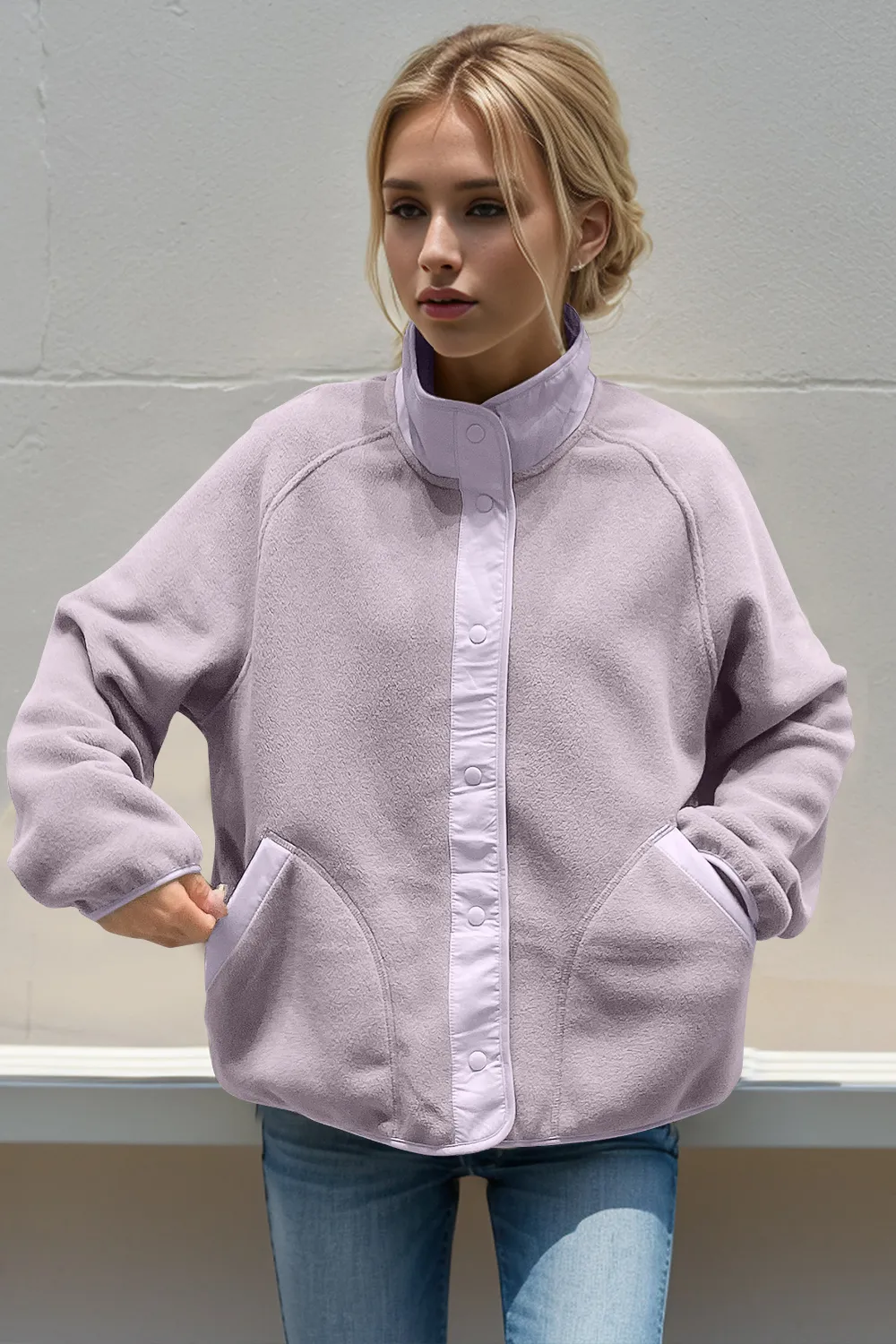 Snap Down Contrast Fleece Jacket with Pockets, image 6