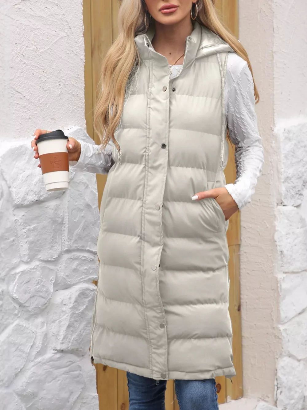Full Size Snap Down Hooded Padded Longline Vest Coat Plus Size, image 11