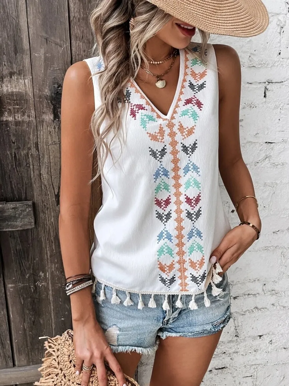 Tassel Printed V-Neck Tank, image 12
