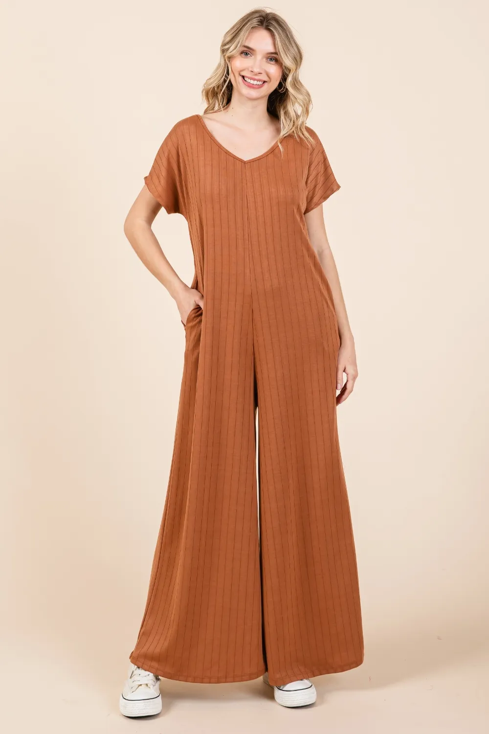 Ribbed Short Sleeve Wide Leg Jumpsuit, image 3