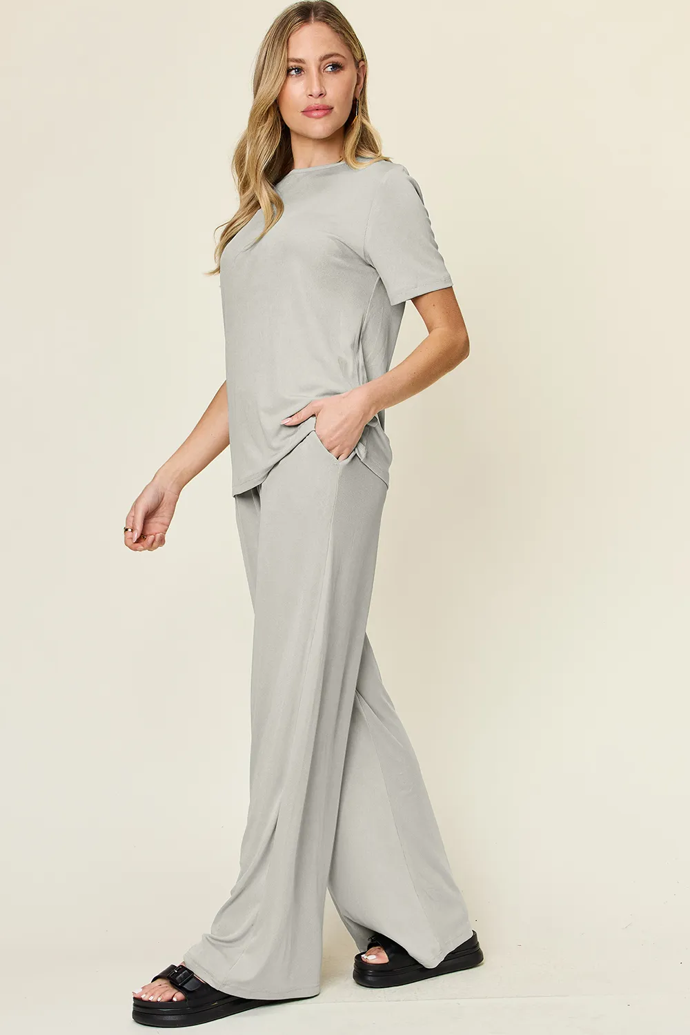 Full Size Round Neck Short Sleeve T-Shirt and Wide Leg Pants Set, image 14
