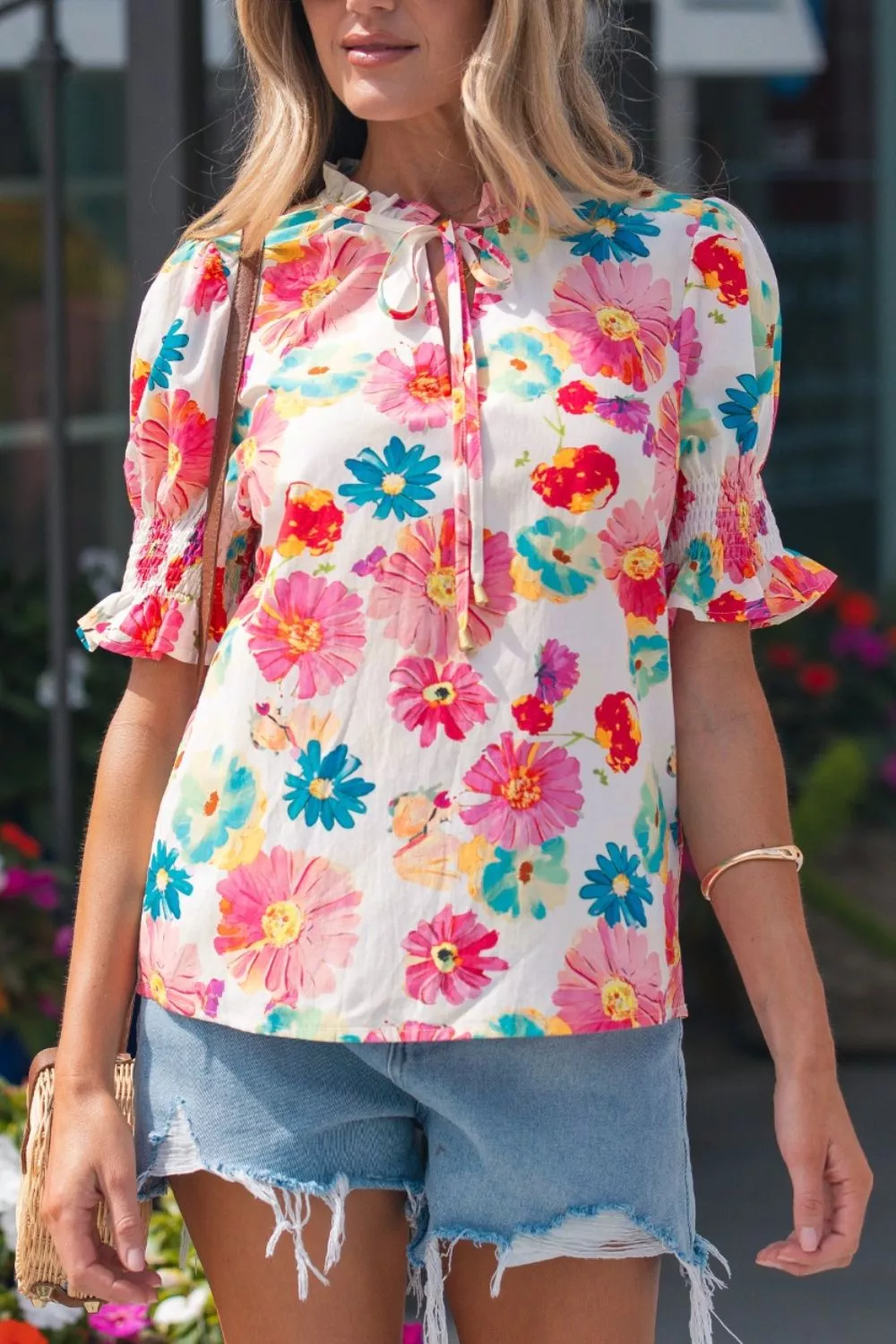 Floral Print Ruched Short Sleeve Blouse, image 5